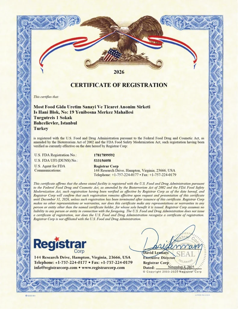 FDA Certificate - Most Food